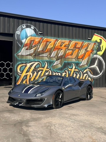 Grey with stripes. Ferrari 488 Pista. Corsa Automotive, Orlando.